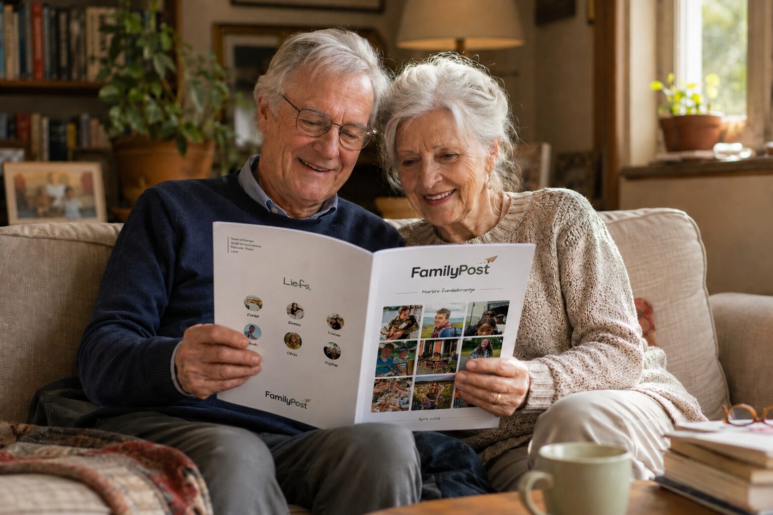 Grandparents on their sofa, smiling together at the printed FamilyPost newspaper they're holding