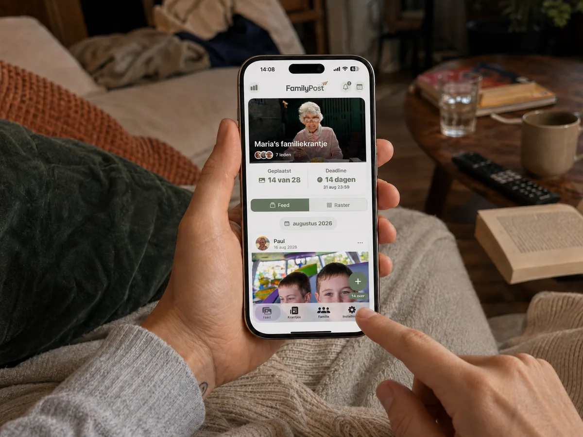Someone on the sofa holding a phone, adding this month's photos in the FamilyPost app