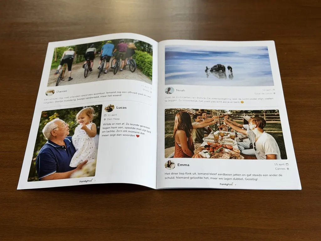A printed FamilyPost newspaper lying open on a table, with the family's photos and stories on the pages