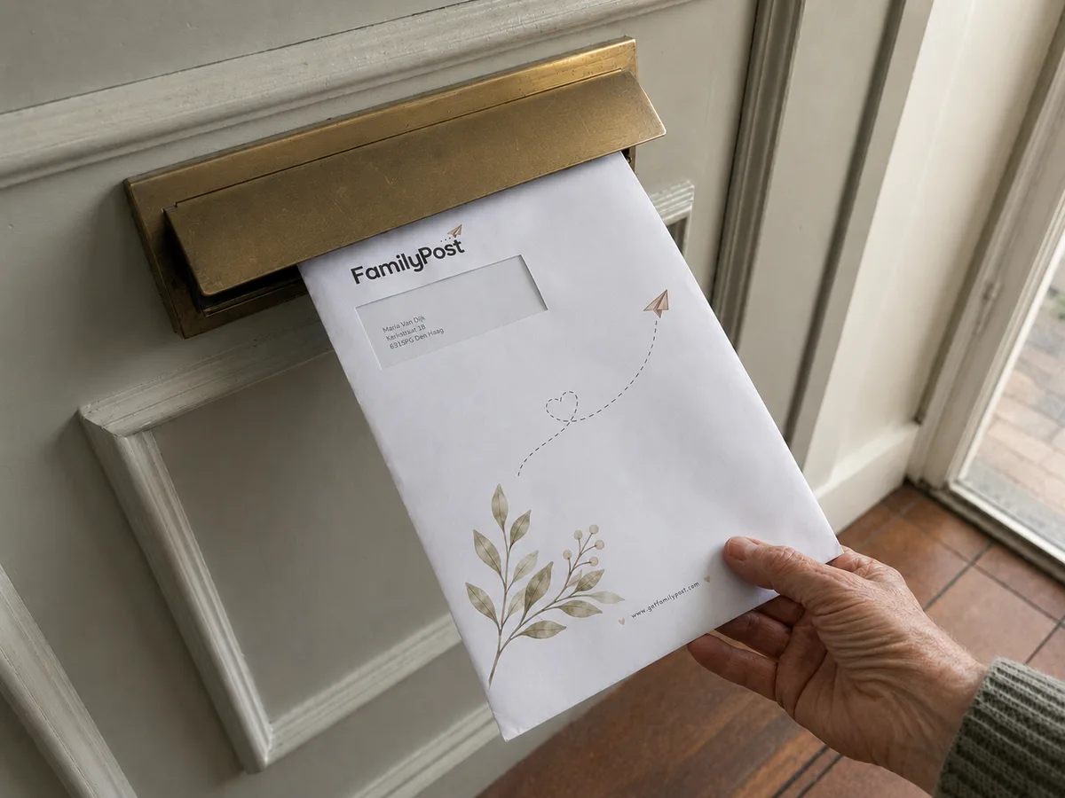 A FamilyPost envelope coming through the letterbox of a front door, taken by a waiting hand
