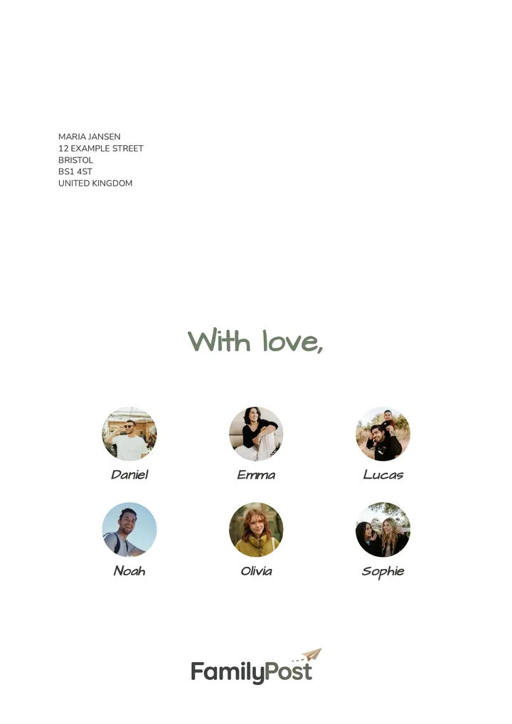 The back cover: 'With love,' above the photo and name of every family member who contributed