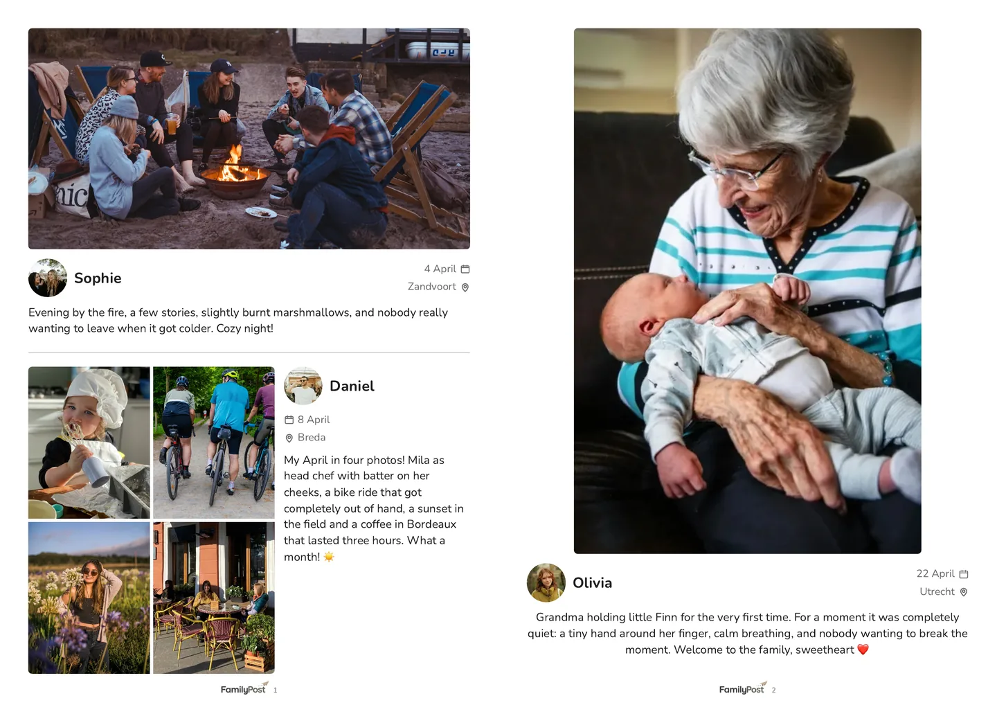 An open journal: a normal post and a four-photo collage on the left page, a full-page photo on the right